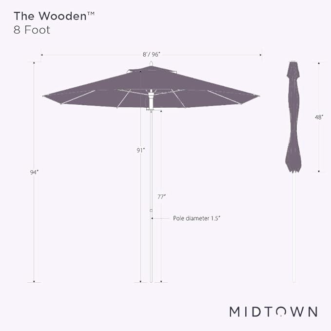 Midtown Umbrellas The Wooden 8 Feet Patio Umbrella With Sunbrella Canvas Natural Acrylic Fabric - Aluminum Frame Market Umbrella For Backyard, Deck, Garden, Pool - Wooden Pole