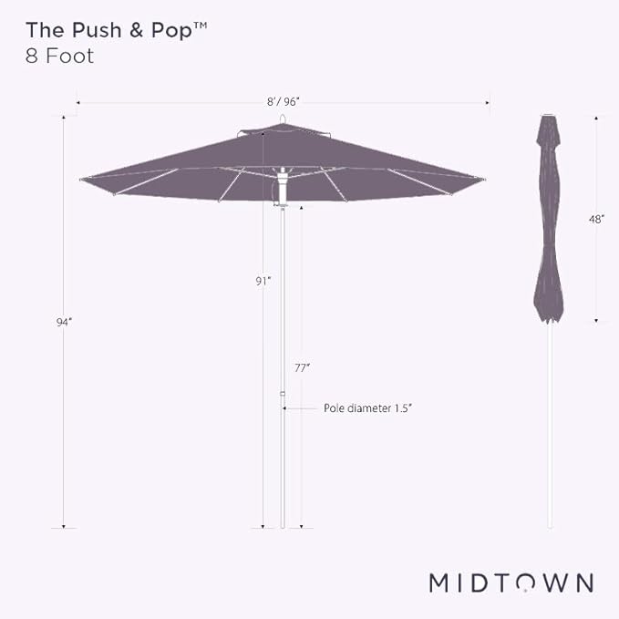 Midtown Umbrellas Push & Pop 8 Ft Patio Umbrellas with Push & Pop Mechanism, Fiberglass Ribs & Sunbrella Fabric – Outdoor Umbrella for Deck, Pool, Cafés and Hotels – Macaw Canopy, Black Pole
