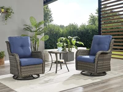 Rilyson Wicker Rocking Chair Swivel Chairs – 6 Piece Rocker Patio Furniture Set Rattan Rocking Bistro Sets with Glass Top Side Table for Outdoor Porch Deck Garden Backyard(Mixed Grey/Blue)