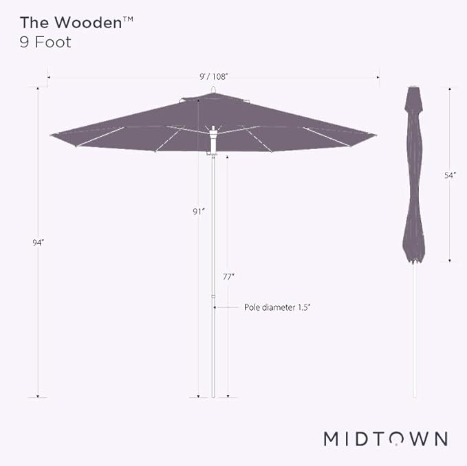 Midtown Umbrellas The Wooden 9 Feet Patio Umbrella With Sunbrella Bay Brown Acrylic Fabric - Aluminum Frame Market Umbrella For Backyard, Deck, Garden, Pool - Wooden Pole