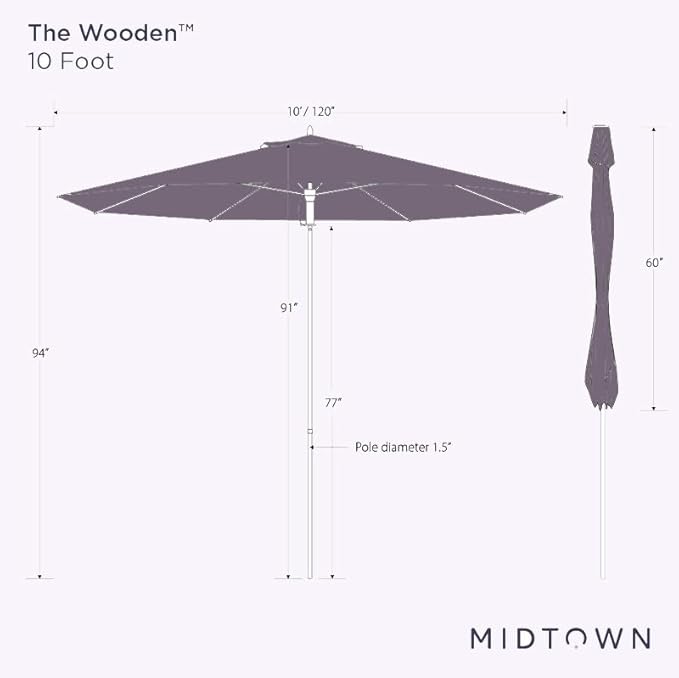 Midtown Umbrellas The Wooden 10 Feet Patio Umbrella With Sunbrella Aruba Acrylic Fabric - Aluminum Frame Market Umbrella For Backyard, Deck, Garden, Pool - Wooden Pole