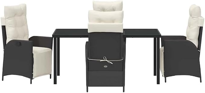 Afuera Living 5 Piece Poly Rattan Patio Dining Set, Black, Adjustable Footrests, Cushioned Polyester Seat Pads, Tempered Glass Tabletop, Modern Outdoor Furniture for Garden, Terrace, or Backyard Use