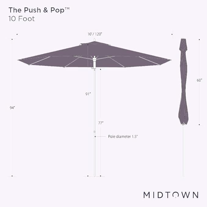 Midtown Umbrellas Push & Pop 10 Ft Patio Umbrellas with Push & Pop Mechanism, Fiberglass Ribs & Sunbrella Fabric – Outdoor Umbrella for Deck, Pool, Cafés and Hotels – Burgundy Canopy, Black Pole
