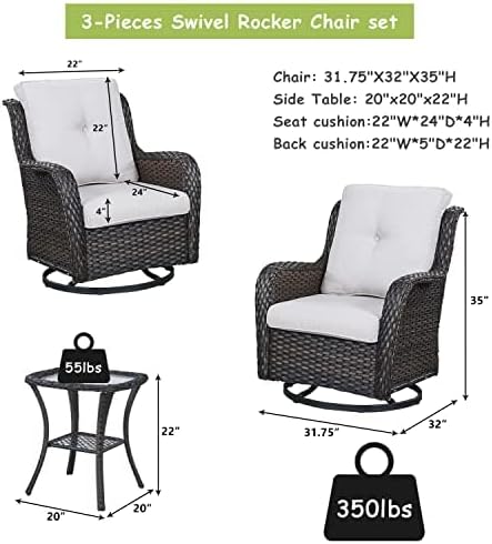 Rilyson Wicker Rocking Chair Swivel Chairs – 6 Piece Rocker Patio Furniture Set Rattan Rocking Bistro Sets with Glass Top Side Table for Outdoor Porch Deck Garden Backyard(Brown/Beige)