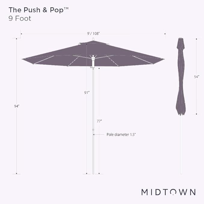 Midtown Umbrellas Push & Pop 9 Ft Patio Umbrellas with Push & Pop Mechanism, 8 Fiberglass Ribs & Sunbrella Fabric – Outdoor Umbrella for Deck, Pool, Cafés and Hotels – Burgundy Canopy, Silver Pole