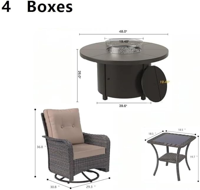 Outdoor Swivel Rocking Chairs Set 7 Piece Patio Furniture Set with 40,000 BTU Round Fire Pit Side Table for Poolside Deck Backyard Garden