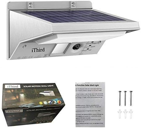 iThird Solar Lights Outdoor Motion Sensor, LED Solar Powered Outdoor Lights Stainless Steel Solar Security Light for Yard Patio Garage Porch Waterproof 3 Modes Flood Light Super Bright(Daylight)