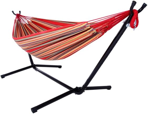 Double Hammock with Steel Stand for Outside,Portable Space Saving Heavy-Duty Steel Frame Hammock w/Portable Carrying Bag for Indoor Outdoor Patio Yard Camping,Easy Assembly,600 lbs Capacity (Red)
