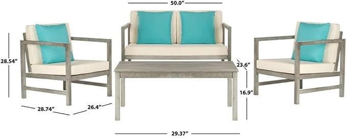 SAFAVIEH Outdoor Collection Montez Grey Wash/ White Cushions/ Light Blue 4-Piece Conversation Patio Set