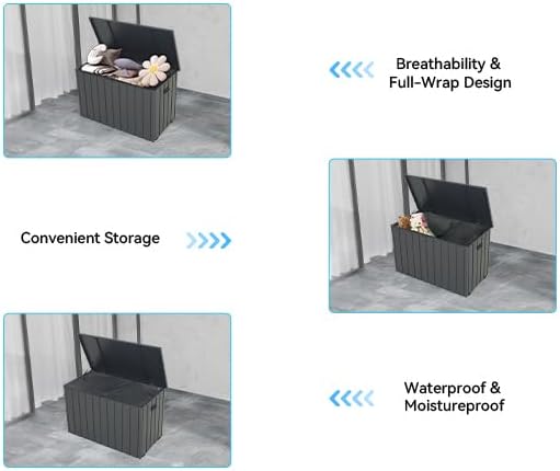 100 Gallon Outdoor Storage Box, Waterproof Steel Deck Box with Oxford Fabric Storage Bag, Large Patio Storage Bin for Outside Cushions Throw Pillows Garden Tools Lockable Storage Container, Dark Grey