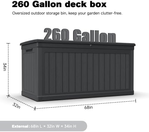 Outdoor Storage Box, Durable Deck Box with Side Handle and Lockable Lid, Deck Boxes Outdoor Waterproof, Large Patio Furniture for Poolside Accessories, Garden Tools, 260 Gallon