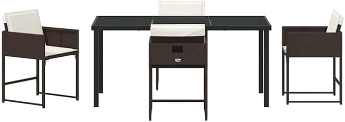 Afuera Living 5 Piece Poly Rattan Garden Dining Set with Cushions, Brown Finish, Tempered Glass Tabletop, Lightweight and Durable, Modern Patio Dining Set for Outdoor Terrace or Garden Use