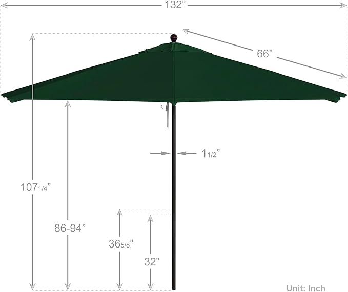 California Umbrella 11Ft Commercial Grade Market Umbrella, Pulley Lift, Aluminum/Fiberglass, 2mm pole wall, Bronze Frame, Solution Dyed Hunter Green Fabric
