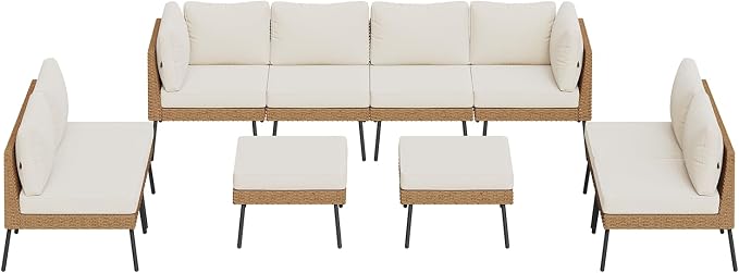 Aoxun 10 Piece Patio Furniture Set, 10 Seats Outdoor Sectional Sofas with Thick Cushion, Wicker Outdoor Patio Furniture Set with Ottomans for Party, Garden, Backyard, Beige