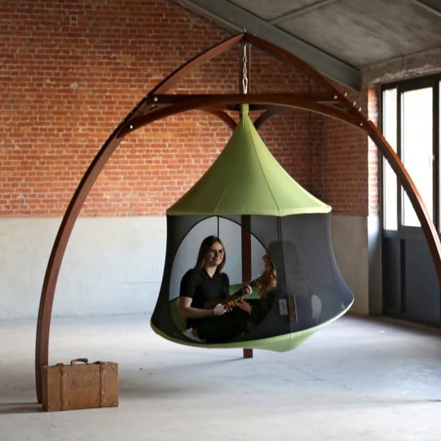 Vivere Polyester Canvas Cacoon Reto Multi Person Hanging Pod - Includes Hanging Rope and Carabiner - 440 lb Weight Capacity (Green)