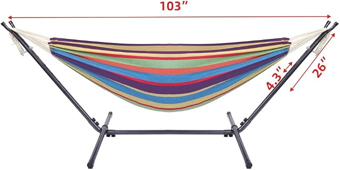Hammock with Stand, Double Cotton Hammock with Space Saving Steel Stand, Heavy Duty Outside Garden Yard Outdoor 250lb Capacity Standing Hammocks and Portable Carrying Bag