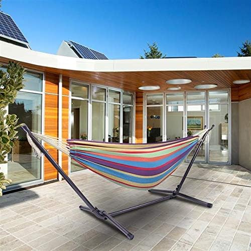 HopeHope Cotton Hammock with Space Saving Steel Stand, Tropical Hammock for Patio Porch Garden Backyard Lounging Outdoor and Indoor Rainbow(450 lb Capacity - Premium Carry Bag Included)
