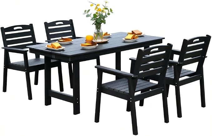 5-Pcs Outdoor Patio Dining Table Set of 4, Outdoor Patio Rectangular 66.9'' Dining Table and Armchair for Garden Backyards Pool Side, Waterproof HDPE Material & 1.95'' Umbrella Hole, Black