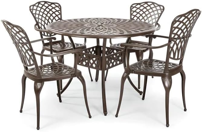 5-Piece Outdoor Dining Set, All-Weather Cast Aluminum Resistant Patio Dining Furniture, Includes 4 Chairs and 1 Round Table with Umbrella Hole for Garden Deck Backyard