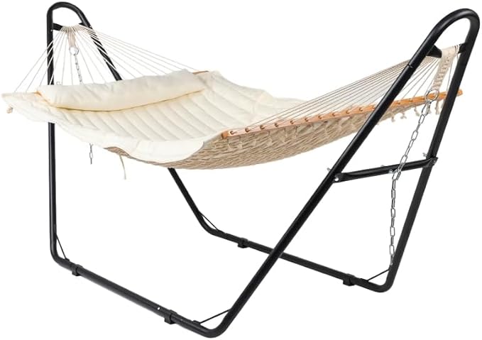 Hammock with Stand, Double-Barrel Hammock Bed, Heavy Duty Adjustable Set for Outdoors, Patio, Yard, Garden, Beige