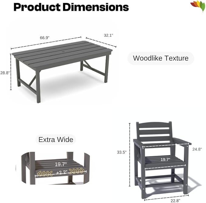 Outdoor HDPE Dining Set 7 Pieces, Patio Table with Umbrella Hole and 6 Chairs, All Weather Patio Furniture for Lawn, Garden, Backyard, Deck, Poolside, Heavy Duty Outdoor Dining Table and Chairs, Grey