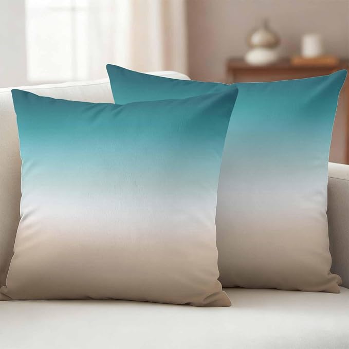 Outdoor Pillow Covers Set of 2, Teal to Khaki Gradient Art Decorative Throw Pillow Covers 18X18IN, Turquoise Watercolor Style Throw Pillows Protector Cushion Case for Patio,Couch,Sofa,Garden