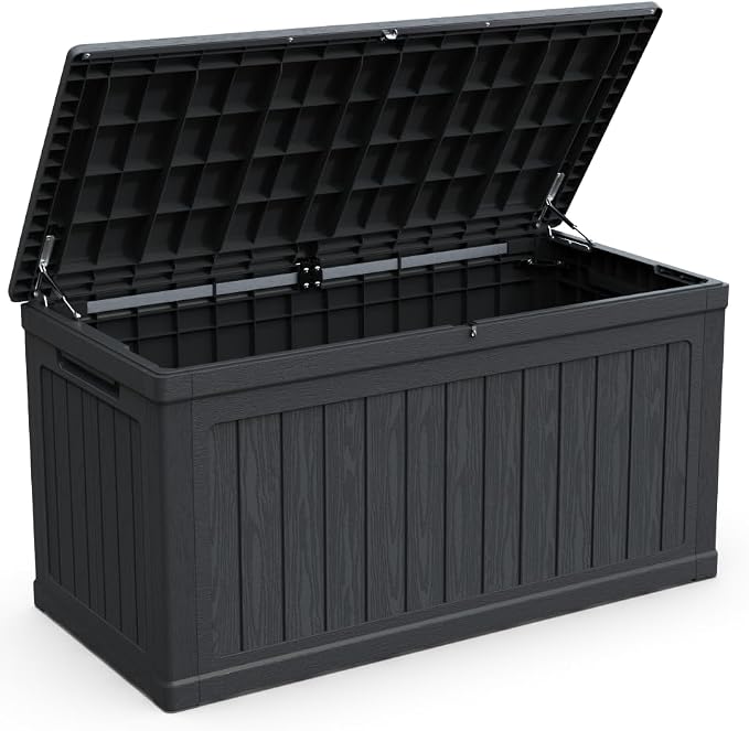 Saiveina 260 Gallon Large Outdoor Storage XXL Deck Box for Patio Furniture, Outdoor Cushions, Garden Tools and Sports/Pools Equipment, Waterproof Resin, Lockable, Black