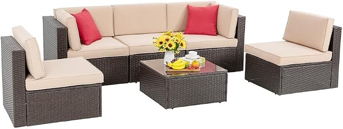 Vongrasig 6 Pieces Patio Furniture Set, Outdoor Sectional Patio Sofa Couch, PE Wicker Rattan Patio Set with Coffee Table for Garden, Backyard, Poolside (Beige)