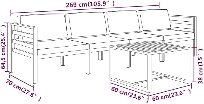 5-Piece Modular Garden Lounge Set, Anthracite Aluminum Patio Furniture Sectional Couch with Cushions, Includes 2 Corner Sofas, 2 Middle Sofas and 1 Table for Yard Balcony