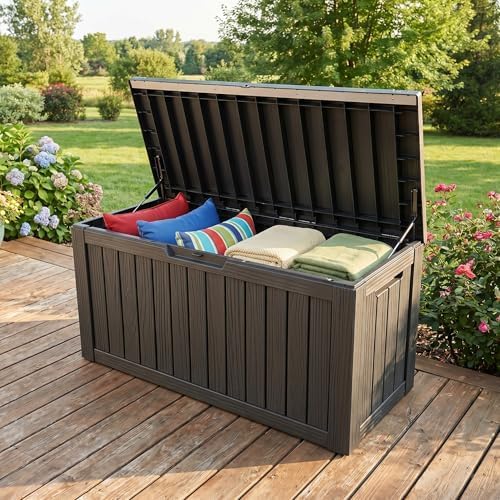 80 Gallon Deck Box, Waterproof Resin Outdoor Storage Box with Lockable Lid, Patio Storage Box Featuring Fade Resistant for Patio Furniture Cushions, Pool Accessories, Garden Tools, Black