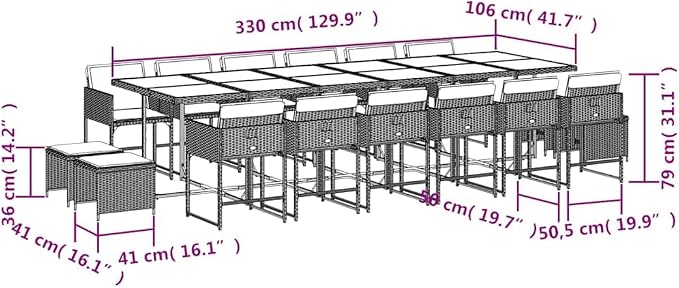 17-Piece Outdoor Dining Set, PE Rattan Patio Furniture with Tempered Glass Table, 12 Chairs and 4 Stools, Black and Cream White