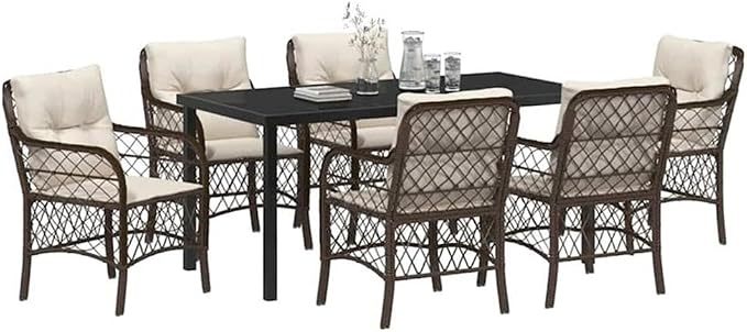 Afuera Living 7-Piece Poly Rattan Patio Dining Set, Black Finish with Cushions, Powder-Coated Steel Frame, Tempered Glass Tabletop, Weather-Resistant Outdoor Fabric, Seating for 6, Ideal for Garden
