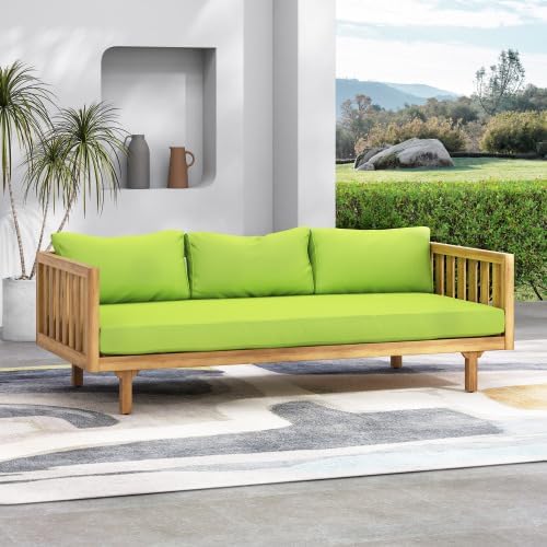 Christopher Knight Home Claremont Patio Sofa and Coffee Table Set, 2 Piece Outdoor Patio Furniture Set with Cushion, Acacia Wood 3 Seater Outdoor Sofa Daybed and Coffee Table Set, Teak+Light Green