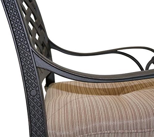 Nassau Outdoor Patio 7pc Dining Set Round 60" Fire Gas Table Dark Bronze Solid Cast Aluminum Sunbrella Cushions (Set with 6 Regular Chairs, Sunbrella Sesame)