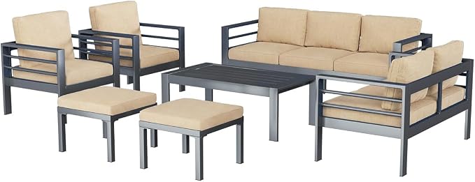 AECOJOY Aluminum Patio Furniture Set, 9 Seats Modern Outdoor Furniture with Coffee Table, 7 Pieces Metal Conversation Sectional Sofa, Beige