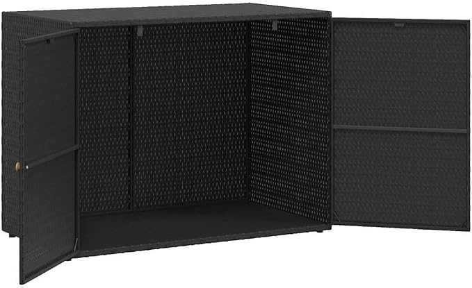 Outdoor Garden Storage Cabinet, Poly Rattan Deck Box with 2 Doors, Weather-Resistant Patio Organizer for Tools and Supplies, Black