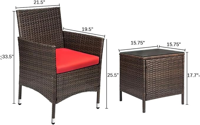 Devoko Patio Porch Furniture Sets 3 Pieces PE Rattan Wicker Chairs with Table Outdoor Garden Furniture Sets (Brown/Red)