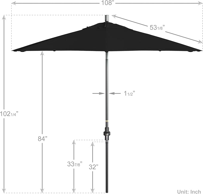 California Umbrella 9' Rd. Crank Lift, Collar Tilt, Aluminum Pole, Fiberglass Rib Patio Umbrella, Hammertone Grey Finish, Sunbrella Black