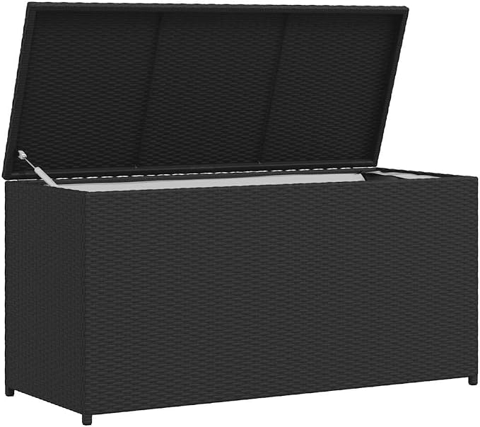 Outdoor Storage Chest, Weather-Resistant Rectangular Deck Box for Garden Cushions and Patio Gear, Large Capacity Bin with Gas Lift Mechanism, Black Synthetic Poly Rattan