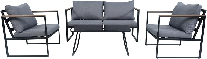 4 Piece Patio Furniture Set,Metal Outdoor Furniture Couch with Clear Tempered Glass Coffee Table,All Weather Patio Conversation Sets with Loveseat & Grey Washable Cushions for Balcony,Porch