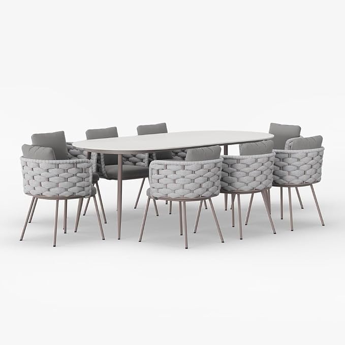 9-Piece Outdoor Dining Set with 84'' Oval Sintered Stone Top, Rope Woven Armchairs, Aluminum Frame, Cushions for Patio and Garden Dining