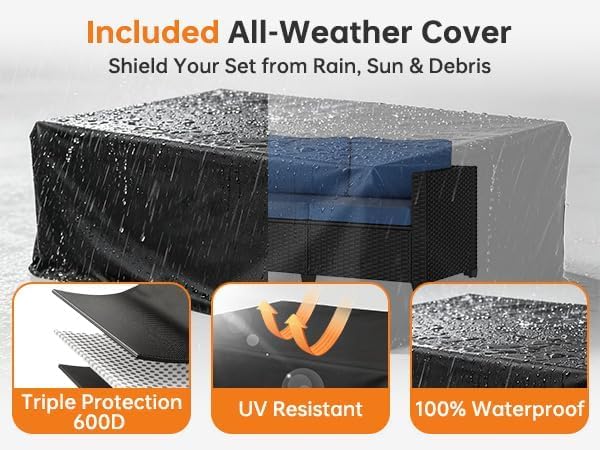 LazySunsets 7-Piece Outdoor Patio Furniture Set, Rattan Outdoor Sectional with Thick Waterproof Cushions, Wicker Ottomans & Waterproof Cover, Patio Conversation Set for Garden, Backyard,Navy Blue