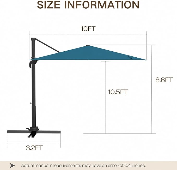Kingdura 10' X 10' Cantilever Patio Umbrella with Base Included, Large Square Aluminum Outdoor Offset Umbrella with 360-degree Rotation, 4 Position Tilt, UV Protection for Pool Deck Garden Patio (Lake blue)