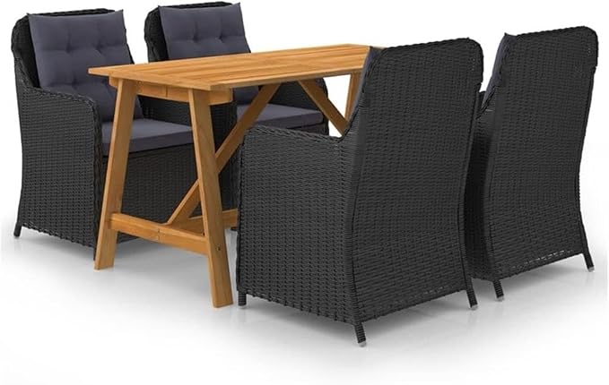 Afuera Living 5-Piece Contemporary Patio Dining Set, Black Finish, Rattan/Acacia Wood Construction, Weather-Resistant Cushions, Modern Outdoor Table and Chairs for Garden or Deck