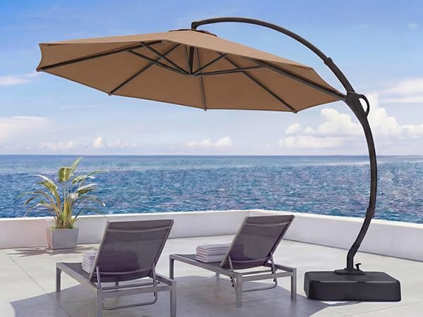 LAUSAINT HOME 11FT Curvy Cantilever Patio Umbrella with Base, 360° Rotation Offset Outdoor Umbrella, Heavy Duty Hanging Umbrella for Backyard, Pool, Garden(Tan)