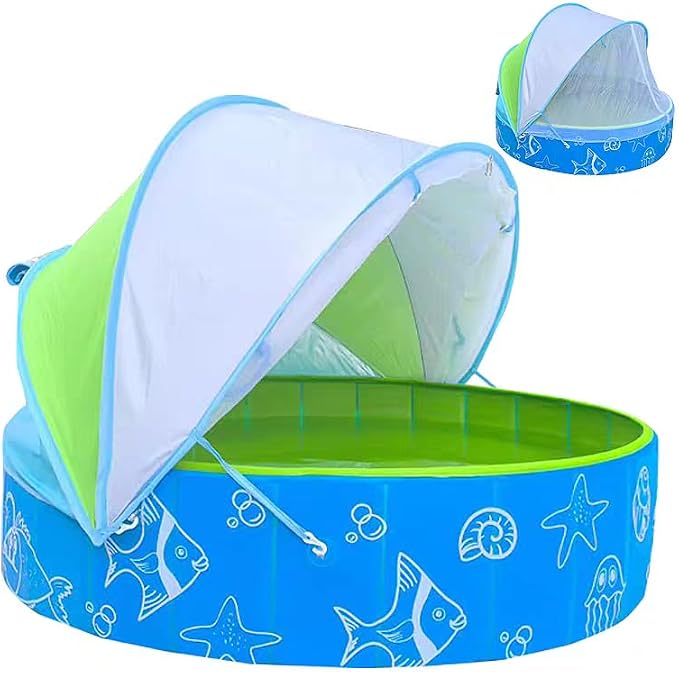 Foldable Kiddie Pool with Canopy, 47in Baby Pool with Detachable UPF 50+ Sunshade, Portable Non-Slip Swimming Pool Dog Pool for Backyard, Beach, Outdoor Summer Water Play