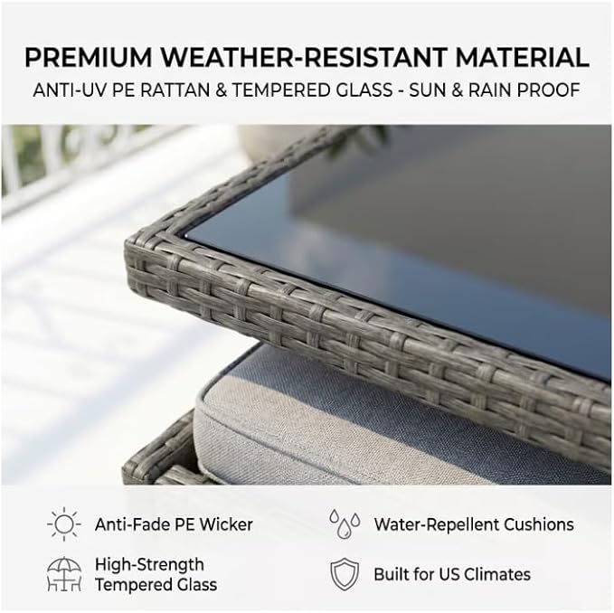 Gasee 9 Pieces Outdoor Dining Sets Patio Rattan Conversation Set Space Saving Wicker Chairs with Glass Table,Gray