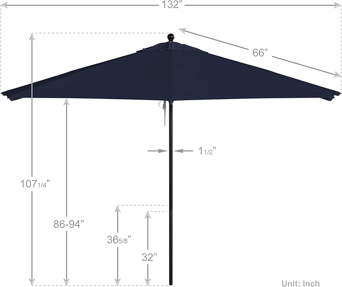 California Umbrella 11Ft Commercial Grade Market Umbrella, Pulley Lift, Aluminum/Fiberglass, 2mm pole wall, Bronze Frame, Solution Dyed Navy Fabric