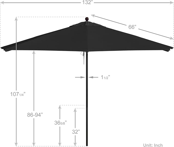 California Umbrella 11Ft Commercial Grade Market Umbrella, Pulley Lift, Aluminum/Fiberglass, 2mm pole wall, Bronze Frame, Solution Dyed Black Fabric