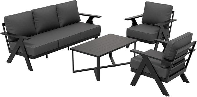 COOS BAY Iron Luxe 4 Piece Outdoor Patio Furniture Set, Modern Patio Conversation Set with 2 Patio Chairs, a 3 Seat Couch & Coffee Table for Deck, Garden, Porch, Black/Gray
